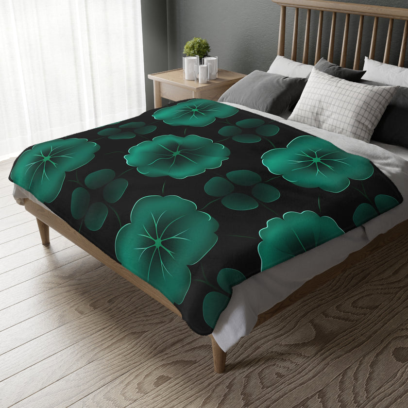 Green Jade Floral Velveteen Microfiber Blanket (Two-sided print)