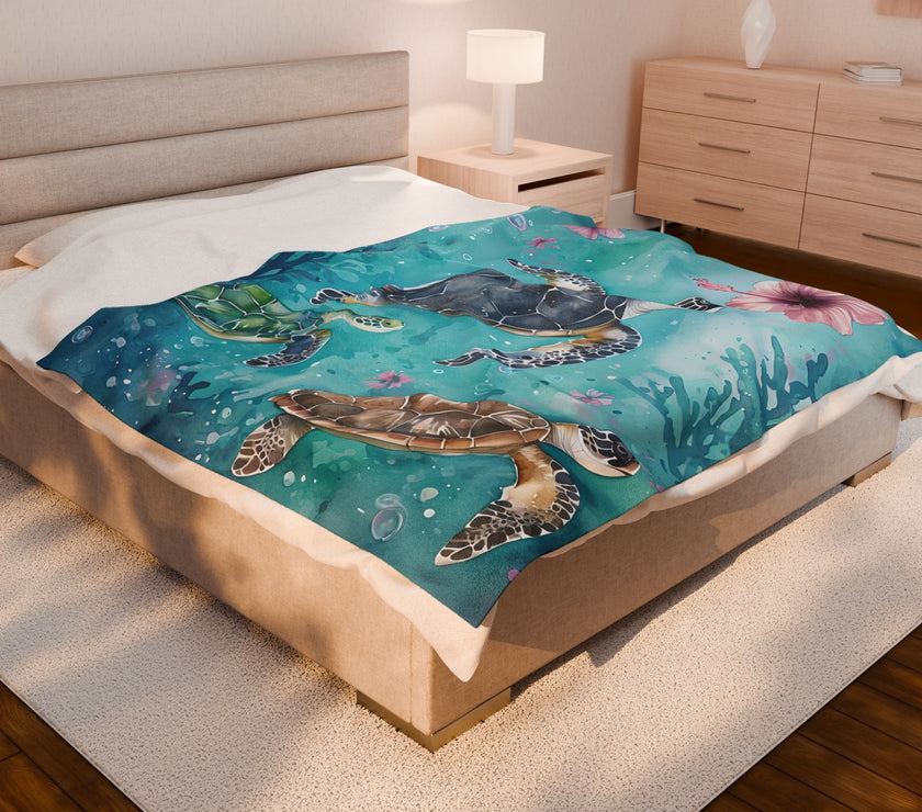 Velveteen Plush Blanket, Sea Turtle Kids Blanket, Kids Bedding, Ocean Themed Blanket, Children's Throw Blanket, Coastal Nursery Decor