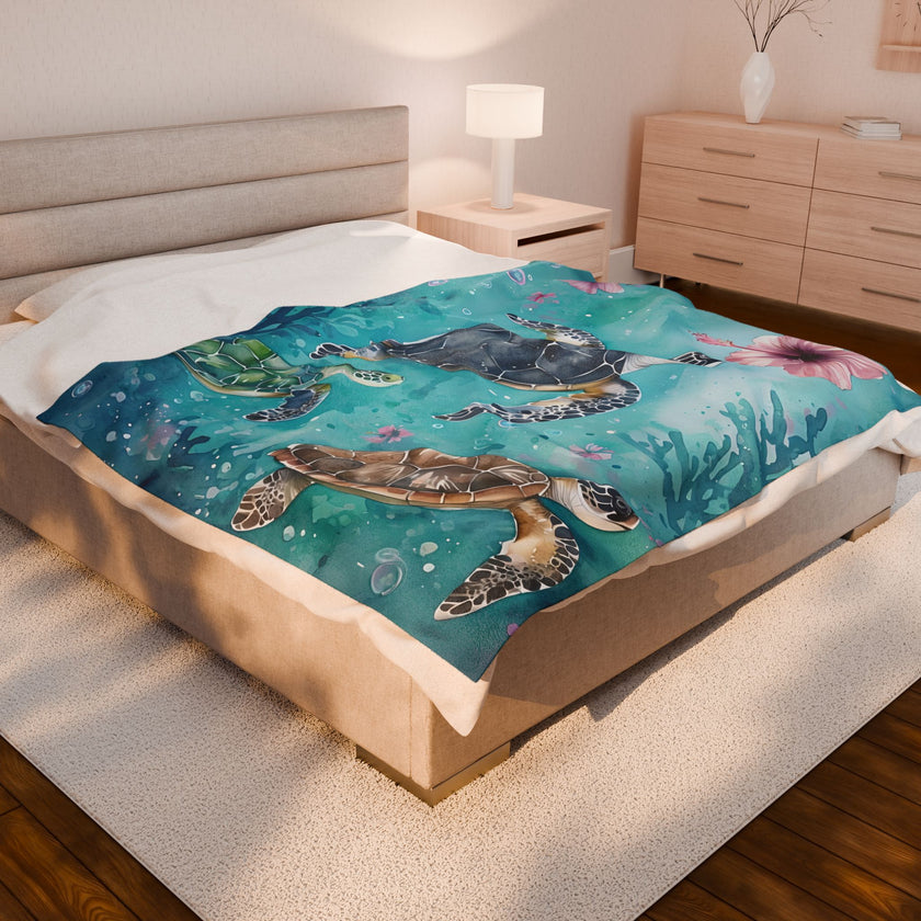 Velveteen Plush Blanket, Sea Turtle Kids Blanket, Kids Bedding, Ocean Themed Blanket, Children's Throw Blanket, Coastal Nursery Decor