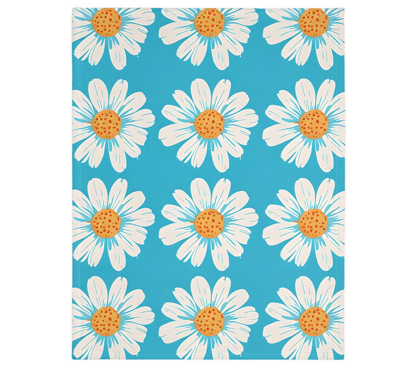 Velveteen Microfiber Blanket, White Daises on Blue Blanket, Floral Throw Blanket, Cozy Couch Blanket, Gift for Her, Home Decor Accent