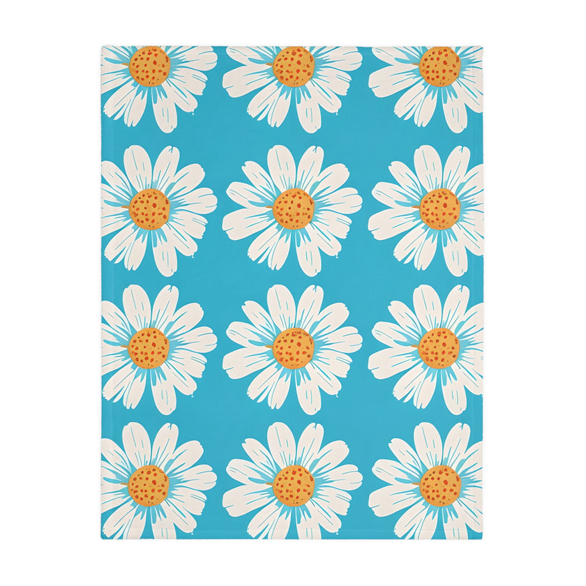 Velveteen Microfiber Blanket, White Daises on Blue Blanket, Floral Throw Blanket, Cozy Couch Blanket, Gift for Her, Home Decor Accent