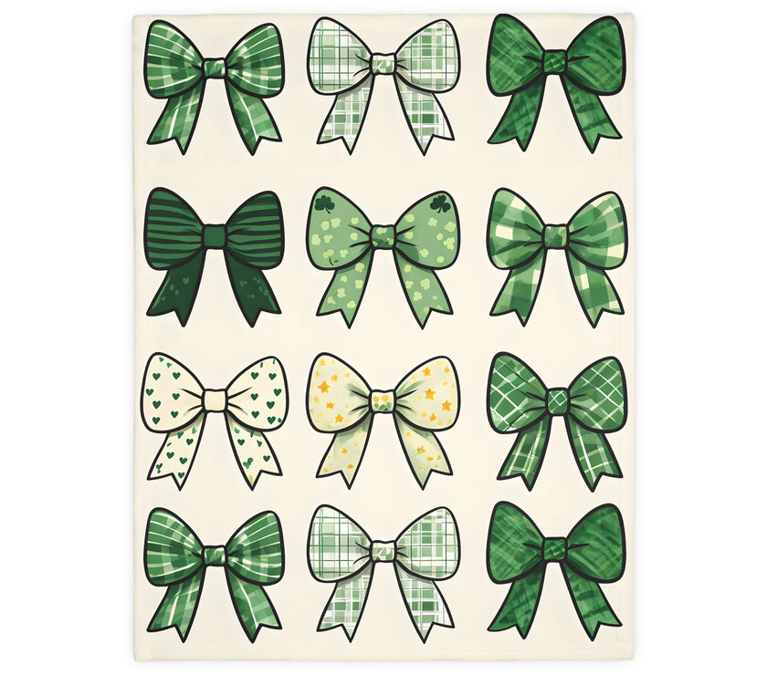 Velveteen Microfiber Blanket, Green Bow Blanket. Double-Sided Print, Soft Plush Throw for Cozy Nights, Christmas Blanket. Holiday Gift Idea,