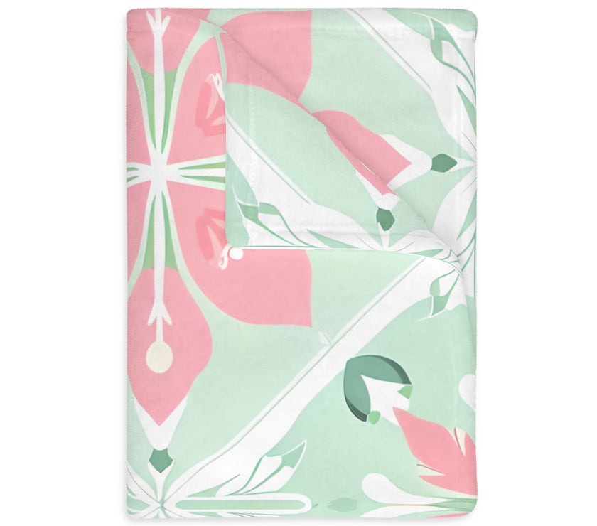 Green Pink Floral Velveteen Microfiber Blanket (Two-sided print)