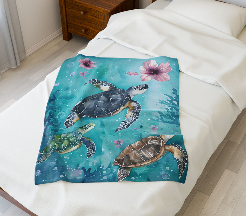 Velveteen Plush Blanket, Sea Turtle Kids Blanket, Kids Bedding, Ocean Themed Blanket, Children's Throw Blanket, Coastal Nursery Decor