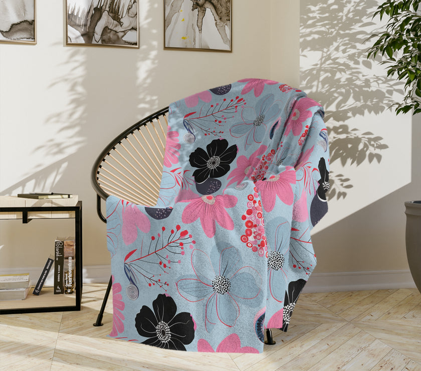 Blue, Pink Floral Velveteen Microfiber Blanket