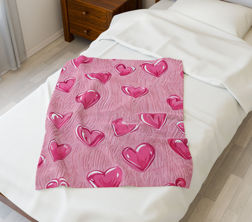 Velveteen Plush Blanket - Pink Hearts Cozy Throw, Warm Snuggle Quilt, Soft Fleece Bedspread, Comfy Bedding Cover, Lovely Valentine's Day
