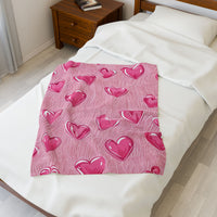 Velveteen Plush Blanket - Pink Hearts Cozy Throw, Warm Snuggle Quilt, Soft Fleece Bedspread, Comfy Bedding Cover, Lovely Valentine's Day