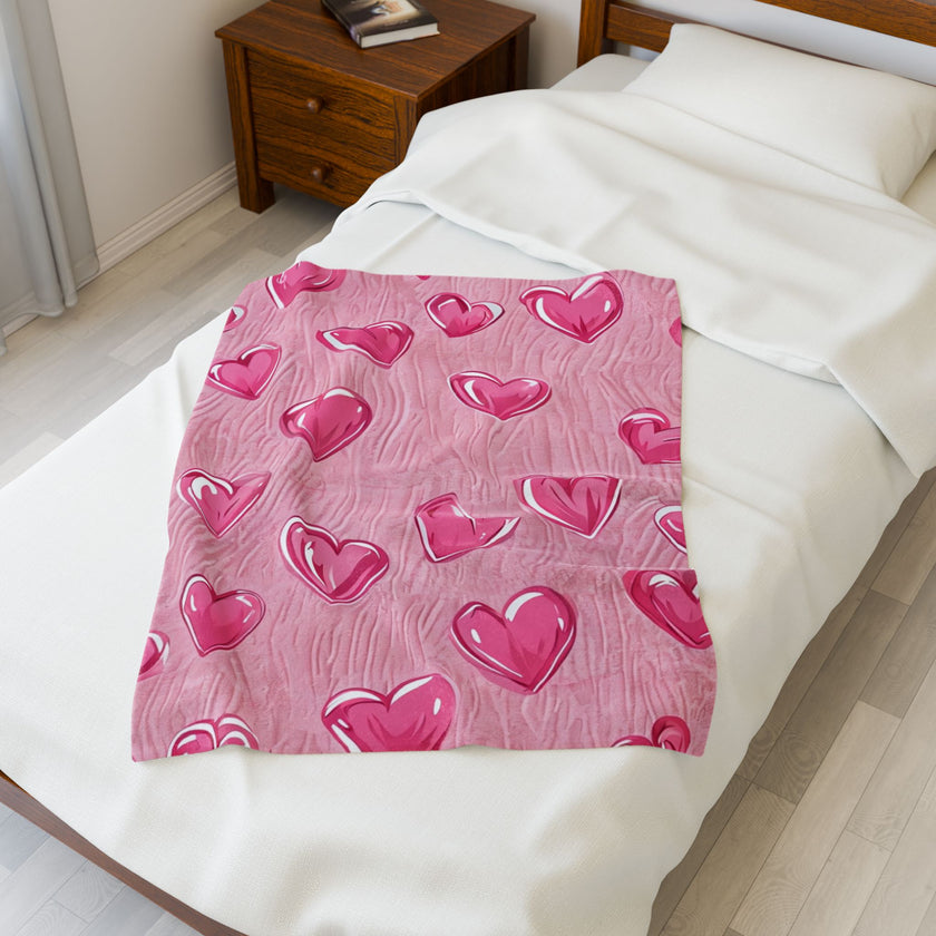 Velveteen Plush Blanket - Pink Hearts Cozy Throw, Warm Snuggle Quilt, Soft Fleece Bedspread, Comfy Bedding Cover, Lovely Valentine's Day