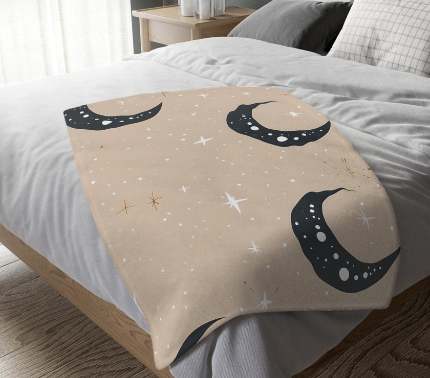 Velveteen Blanket, Pink Moon and Stars Soft Throw, Cozy Bedding, Nursery Decor, Celestial Night Sky Bed Cover, Double Sided Print