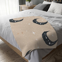 Velveteen Blanket, Pink Moon and Stars Soft Throw, Cozy Bedding, Nursery Decor, Celestial Night Sky Bed Cover, Double Sided Print