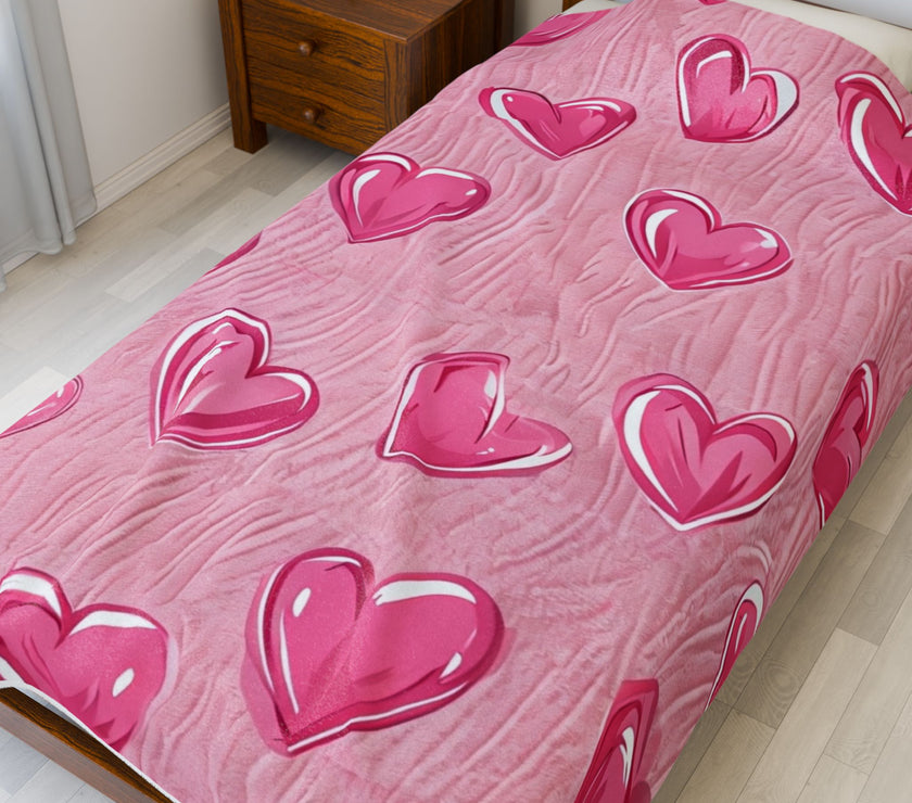 Velveteen Plush Blanket - Pink Hearts Cozy Throw, Warm Snuggle Quilt, Soft Fleece Bedspread, Comfy Bedding Cover, Lovely Valentine's Day