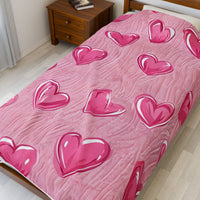 Velveteen Plush Blanket - Pink Hearts Cozy Throw, Warm Snuggle Quilt, Soft Fleece Bedspread, Comfy Bedding Cover, Lovely Valentine's Day