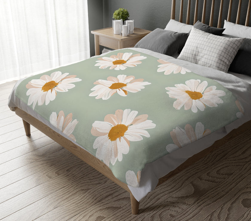 Velveteen Microfiber Blanket, White Daisies on Green - Floral Throw, Botanical Home Decor, Cozy Bedding, Gift for Nature Lovers, Double