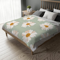 Velveteen Microfiber Blanket, White Daisies on Green - Floral Throw, Botanical Home Decor, Cozy Bedding, Gift for Nature Lovers, Double