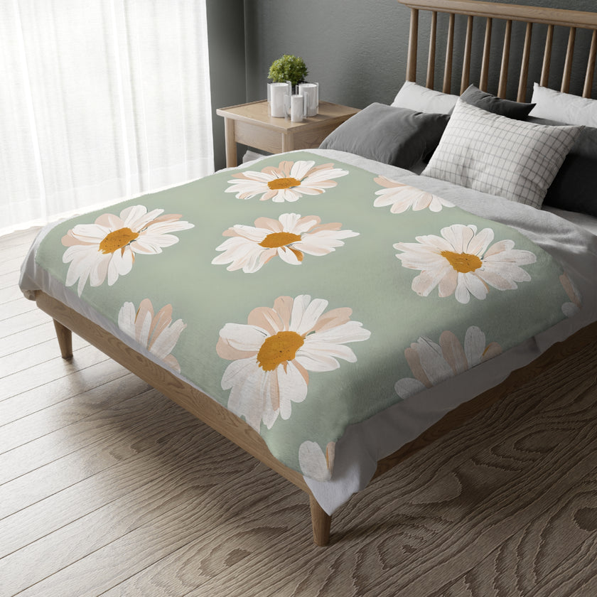 Velveteen Microfiber Blanket, White Daisies on Green - Floral Throw, Botanical Home Decor, Cozy Bedding, Gift for Nature Lovers, Double