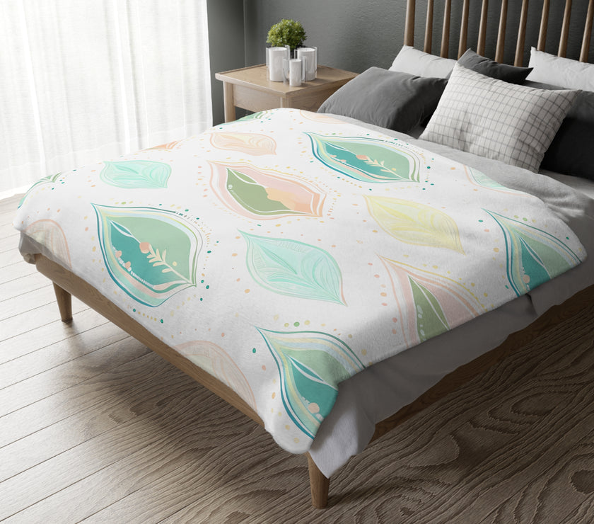 Velveteen Microfiber Blanket, Green Pink Leaf Blanket - Soft Plush Throw, Cozy Winter Bedding, Botanical Home Decor, Gift for Nature Lover,