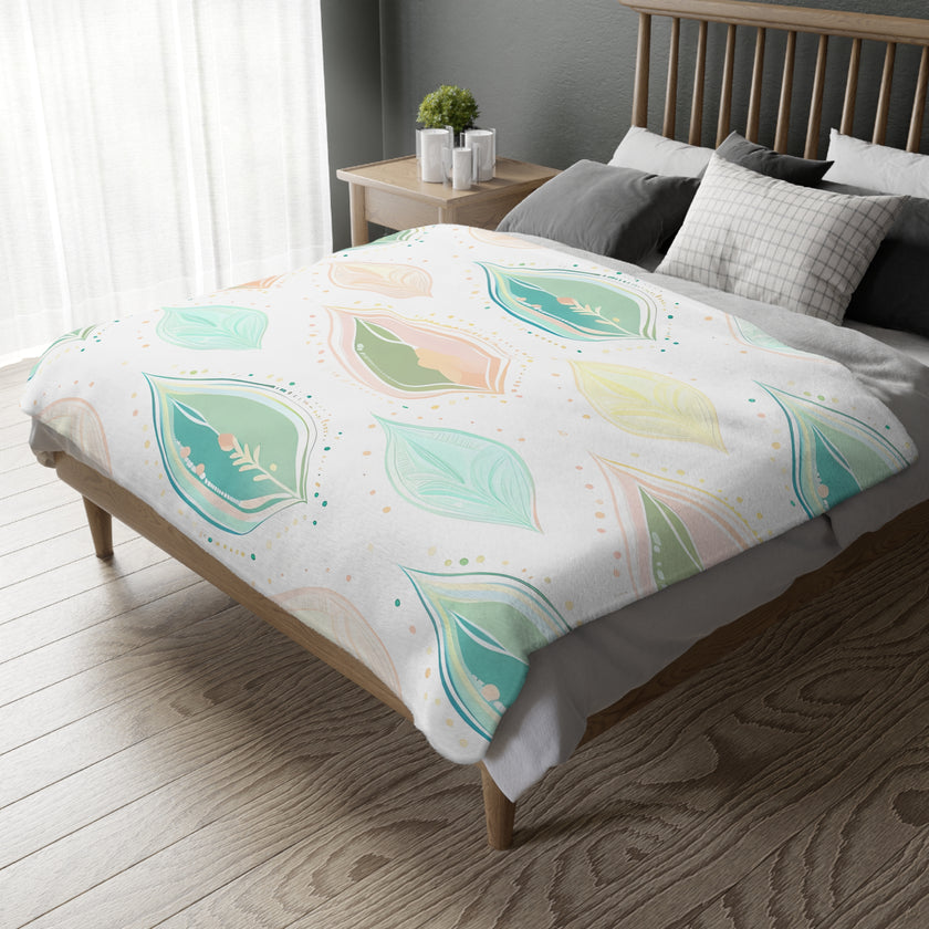 Velveteen Microfiber Blanket, Green Pink Leaf Blanket - Soft Plush Throw, Cozy Winter Bedding, Botanical Home Decor, Gift for Nature Lover,