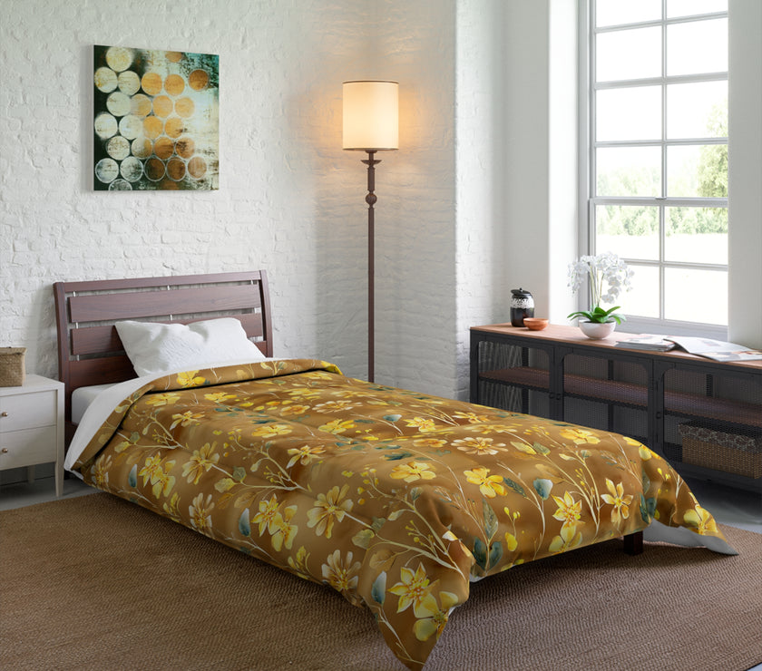 Floral Comforter, Cozy Botanical Quilt for Bedroom, Elegant Bedspread for Spring, Gift for Flower Lovers, Home Decor, Yellow Flower Bedding