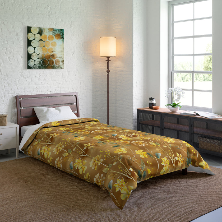 Floral Comforter, Cozy Botanical Quilt for Bedroom, Elegant Bedspread for Spring, Gift for Flower Lovers, Home Decor, Yellow Flower Bedding