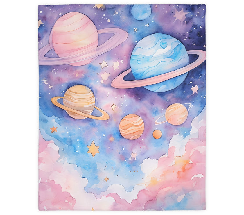 Kids Blanket, Velveteen Microfiber Blanket with Planet Moon and Stars Design - Two-sided Print, Children's Throw, Outer Space Bedding,