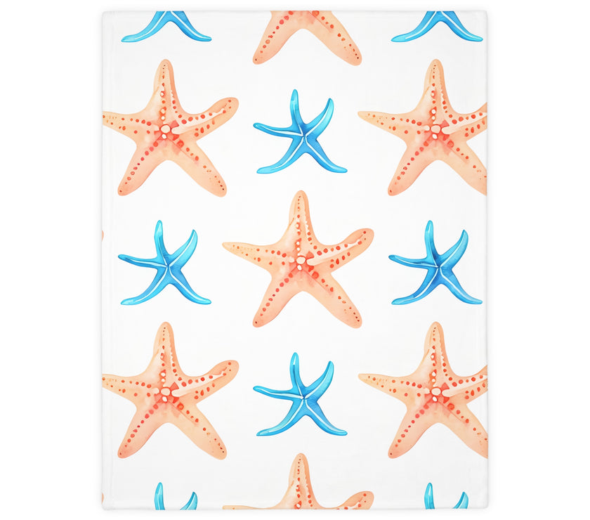 Blue Orange Ocean Sea Star Fish Velveteen Microfiber Blanket (Two-sided print)