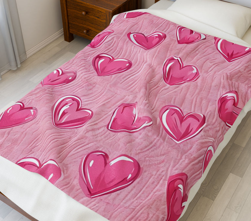 Velveteen Plush Blanket - Pink Hearts Cozy Throw, Warm Snuggle Quilt, Soft Fleece Bedspread, Comfy Bedding Cover, Lovely Valentine's Day