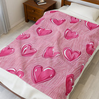 Velveteen Plush Blanket - Pink Hearts Cozy Throw, Warm Snuggle Quilt, Soft Fleece Bedspread, Comfy Bedding Cover, Lovely Valentine's Day