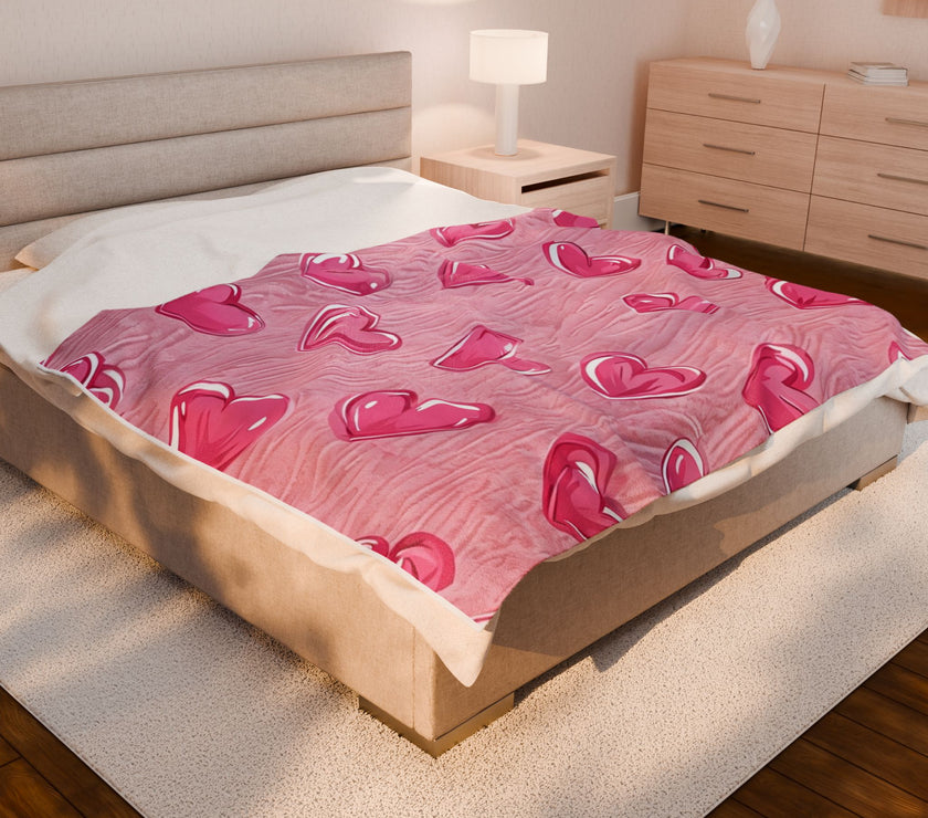 Velveteen Plush Blanket - Pink Hearts Cozy Throw, Warm Snuggle Quilt, Soft Fleece Bedspread, Comfy Bedding Cover, Lovely Valentine's Day
