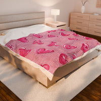 Velveteen Plush Blanket - Pink Hearts Cozy Throw, Warm Snuggle Quilt, Soft Fleece Bedspread, Comfy Bedding Cover, Lovely Valentine's Day