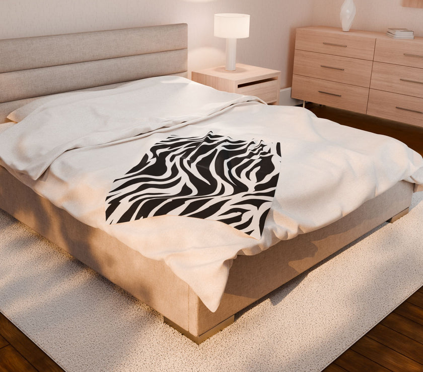 Velveteen Plush Blanket, Zebra Line Design, Cozy Throw for Home Decor, Animal Print Bedding, Safari Wildlife Lover Gift, Black and White