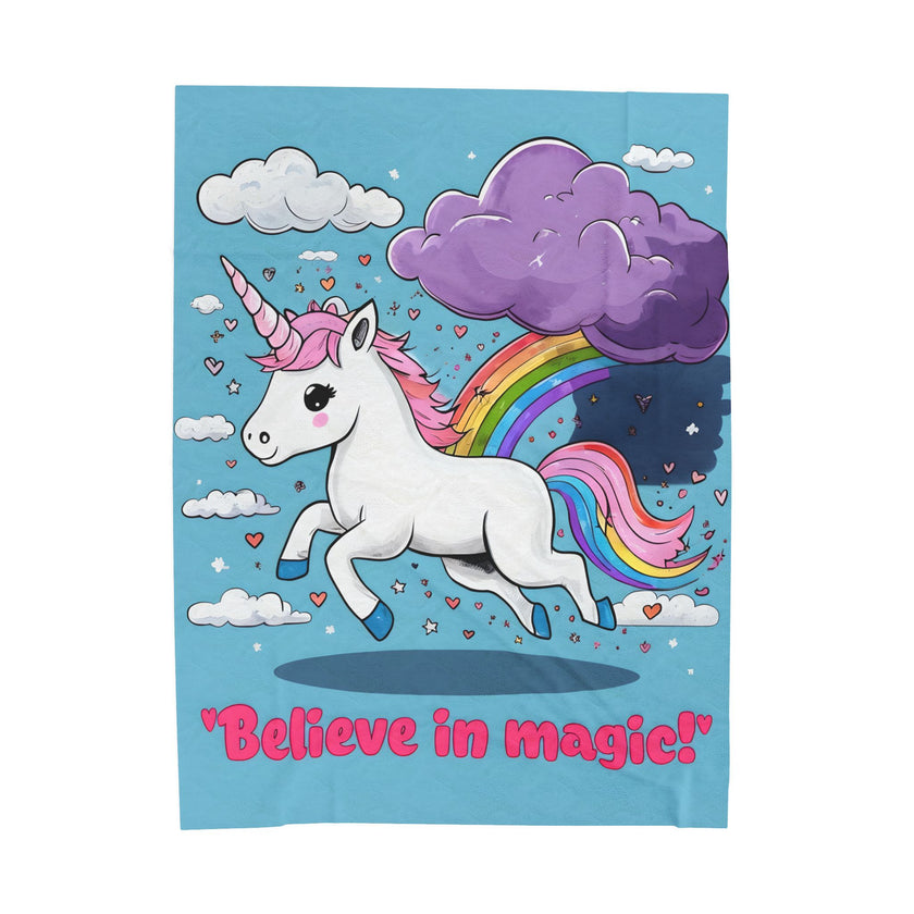 Blue Rainbow Unicorn Velveteen Plush Blanket