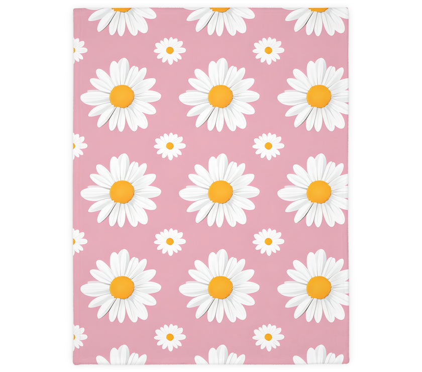 Pink White Daisey Velveteen Microfiber Blanket (Two-sided print)