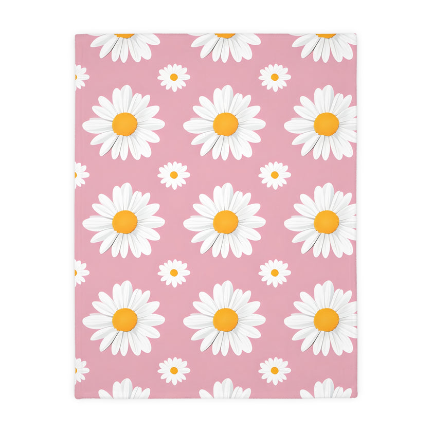 Pink White Daisey Velveteen Microfiber Blanket (Two-sided print)
