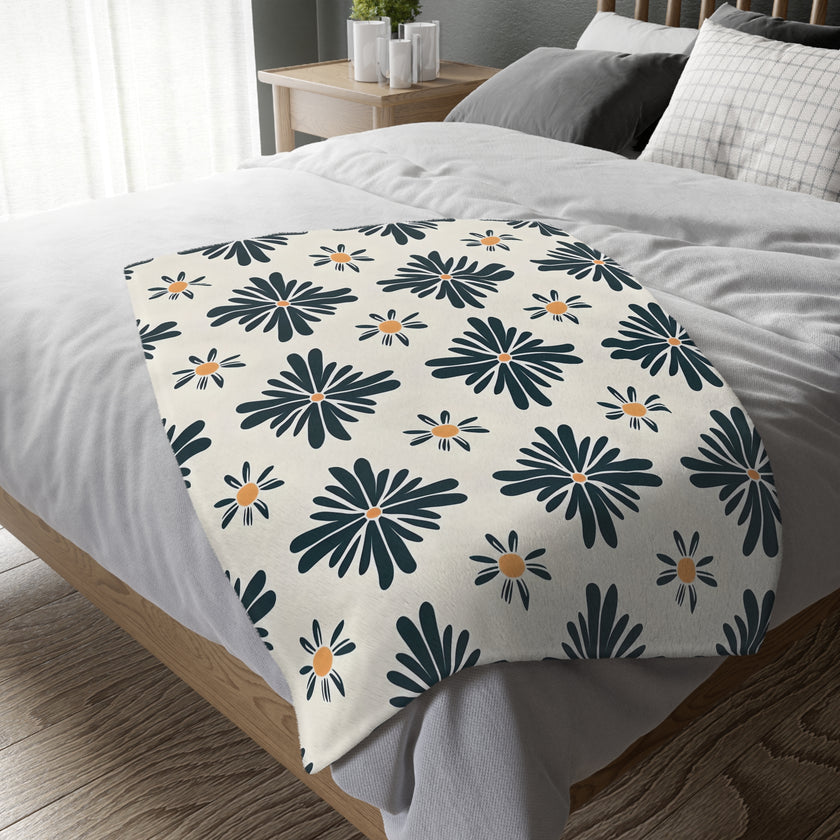 Green and White Floral Velveteen Microfiber Blanket (Two-sided print)