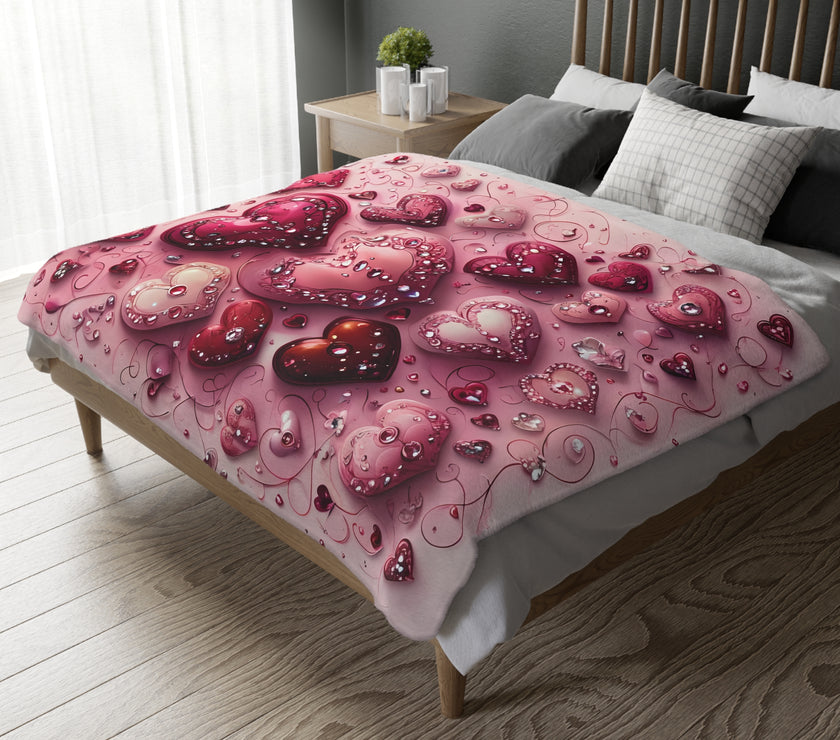 Pink Hearts Velveteen Microfiber Blanket (Two-sided print) Pink Velveteen Microfiber Blanket, Love Blanket