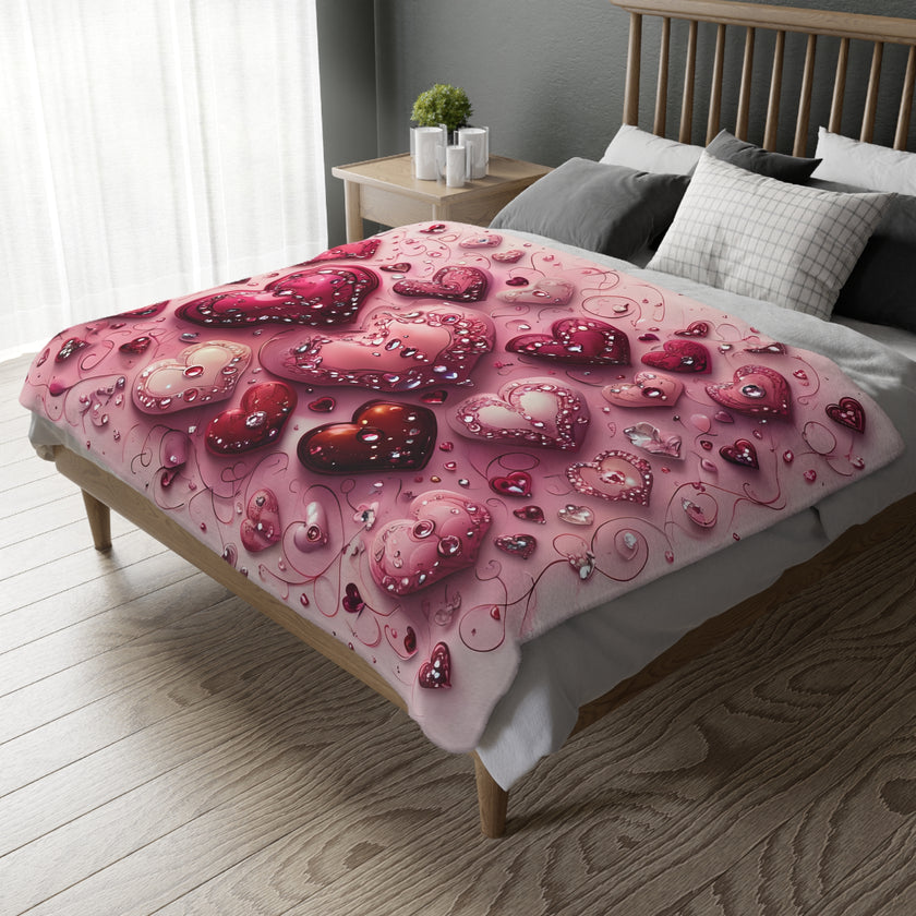 Pink Hearts Velveteen Microfiber Blanket (Two-sided print) Pink Velveteen Microfiber Blanket, Love Blanket