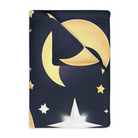 Blanket, Gold Moon and Stars Print, Soft Velveteen Microfiber Throw, Celestial Home Decor, Cozy Bedroom Accent, Night Sky Galaxy Design,