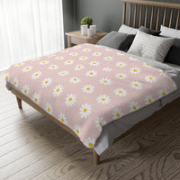 Velveteen Microfiber Blanket, White Daises on Pink Floral Throw, Soft Fleece Bedding, Cozy Couch Decoration, Home Decor Gift, Lightweight