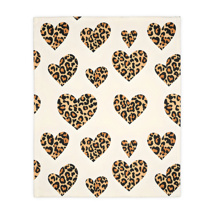 Velveteen Microfiber Blanket, Leopard Print Heart Throw, Cozy Bedding, Animal Lover Gift, Double-sided Couch Cover, Home Decor Accent