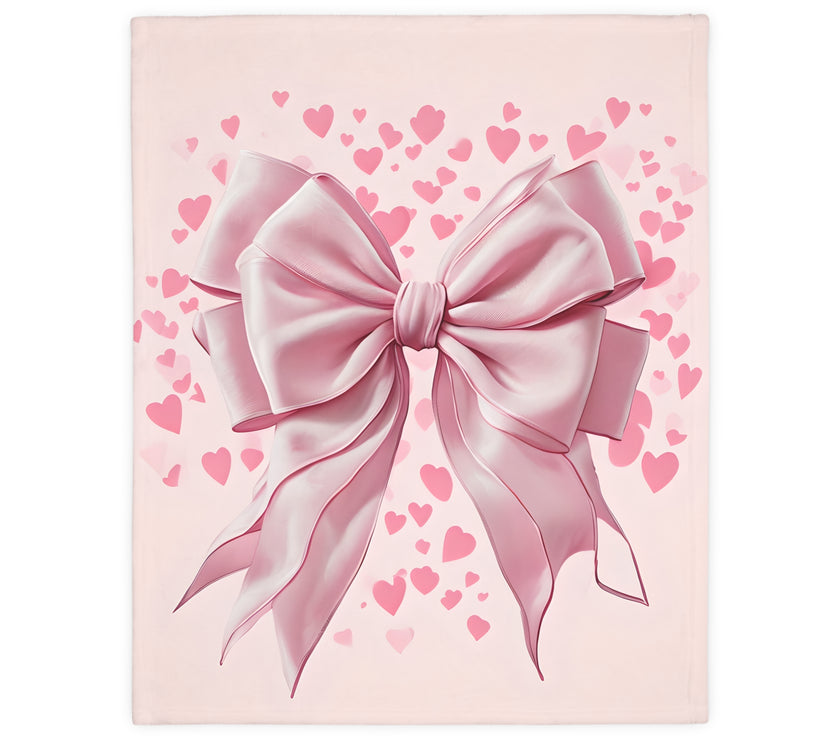 Pink Bow . Pink Heart Velveteen Microfiber Blanket (Two-sided print)
