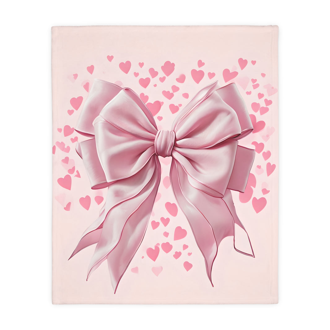Pink Bow . Pink Heart Velveteen Microfiber Blanket (Two-sided print)