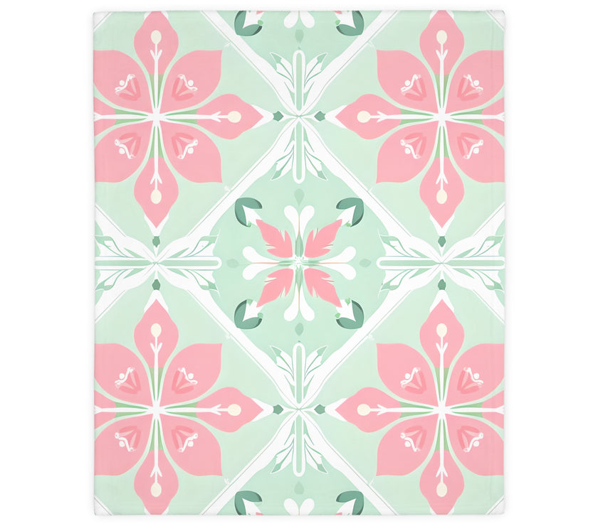 Green Pink Floral Velveteen Microfiber Blanket (Two-sided print)