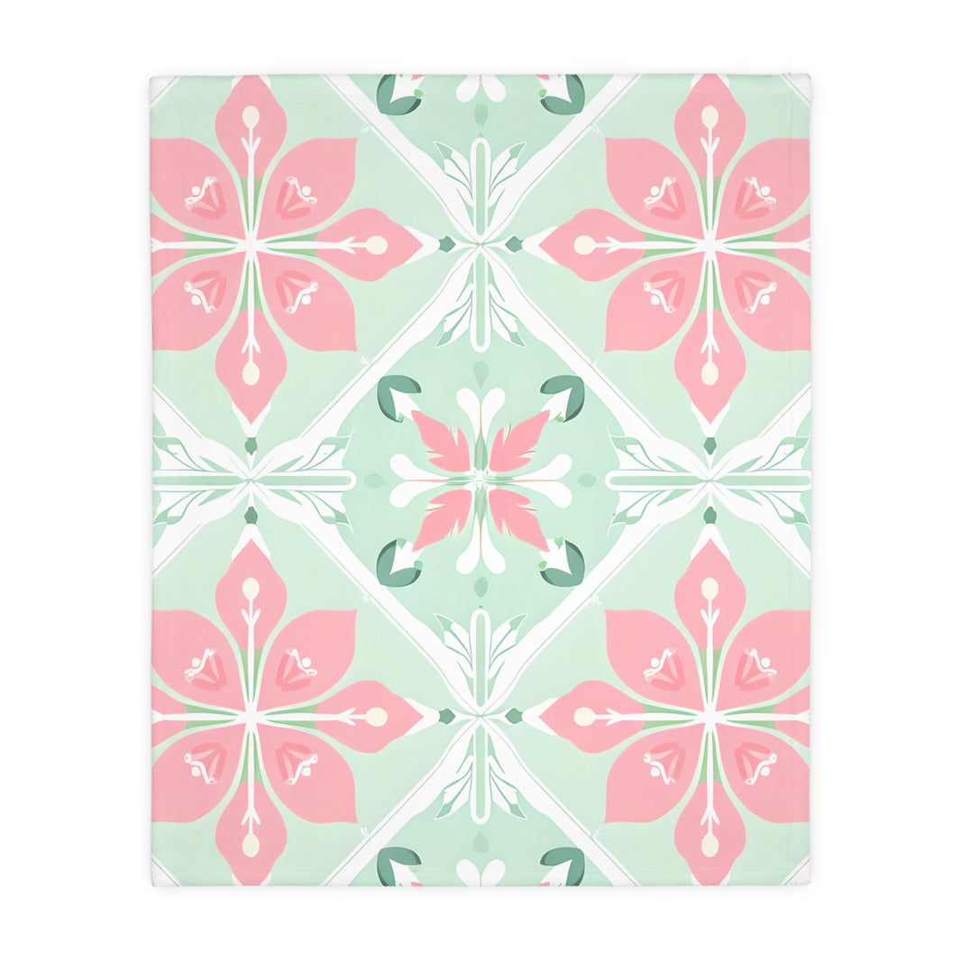 Green Pink Floral Velveteen Microfiber Blanket (Two-sided print)