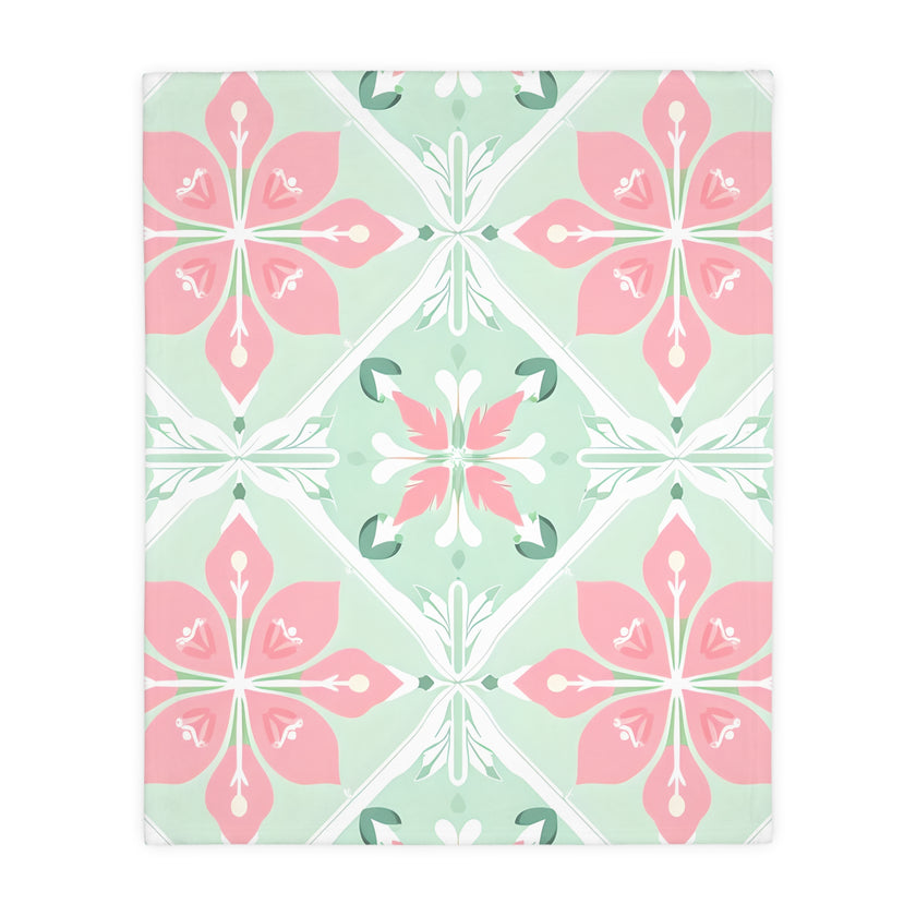 Green Pink Floral Velveteen Microfiber Blanket (Two-sided print)