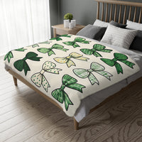 Velveteen Microfiber Blanket, Green Bow Blanket. Double-Sided Print, Soft Plush Throw for Cozy Nights, Christmas Blanket. Holiday Gift Idea,