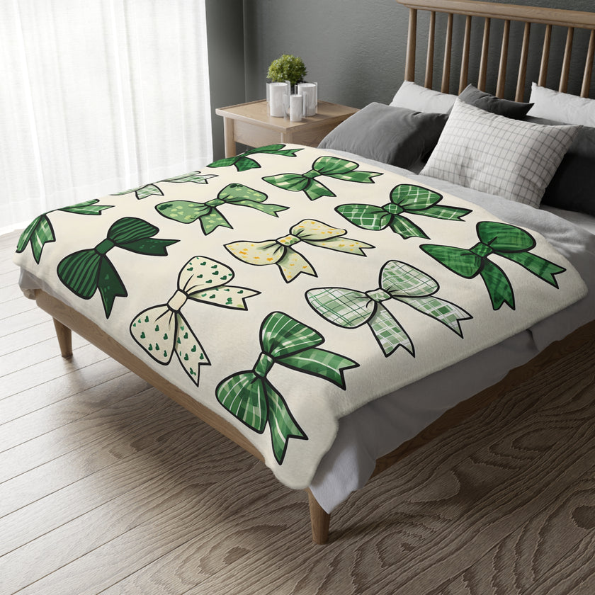 Velveteen Microfiber Blanket, Green Bow Blanket. Double-Sided Print, Soft Plush Throw for Cozy Nights, Christmas Blanket. Holiday Gift Idea,