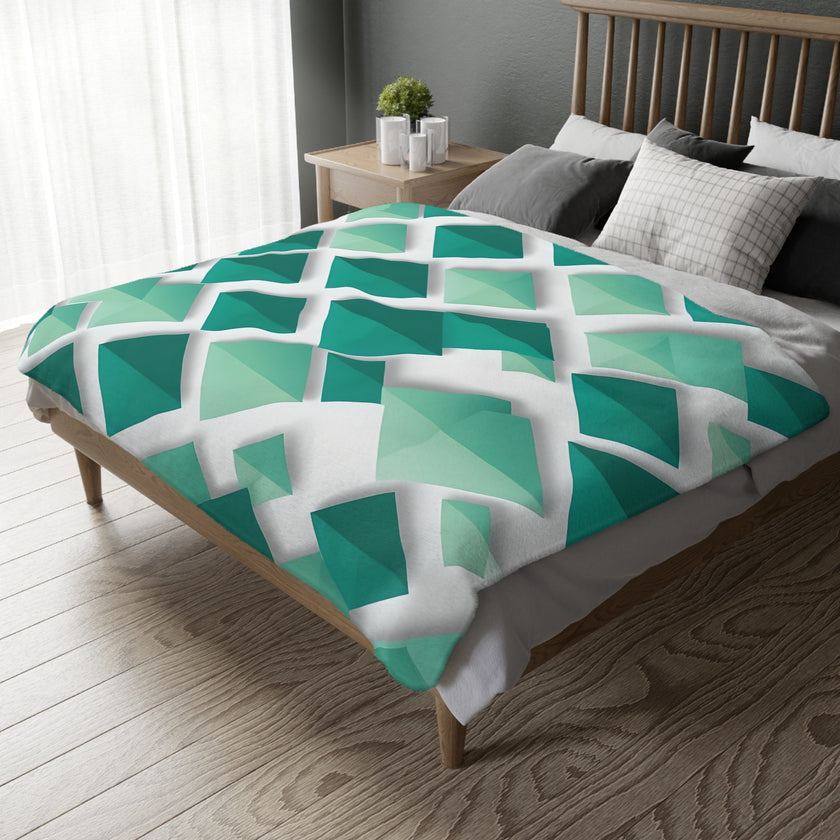 Green and White Grid Velveteen Microfiber Blanket (Two-sided print)