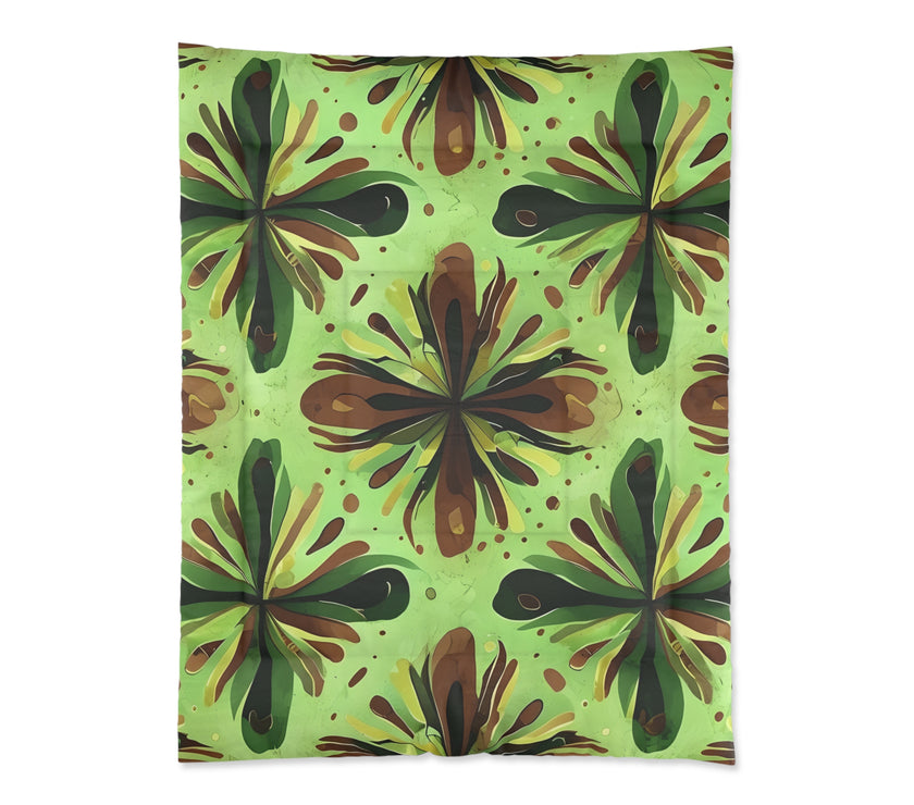 Eco-Friendly Floral Comforter, Nature-Inspired Bedding, Cozy Home Decor, Gift for Plant Lovers, Green and Brown Design