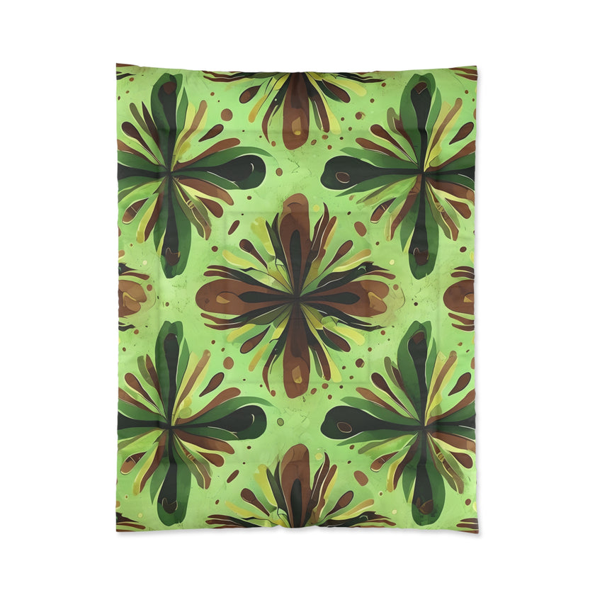 Eco-Friendly Floral Comforter, Nature-Inspired Bedding, Cozy Home Decor, Gift for Plant Lovers, Green and Brown Design