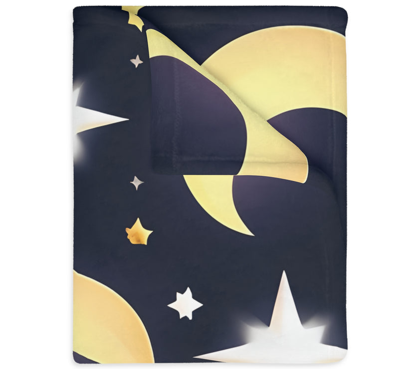 Blanket, Gold Moon and Stars Print, Soft Velveteen Microfiber Throw, Celestial Home Decor, Cozy Bedroom Accent, Night Sky Galaxy Design,